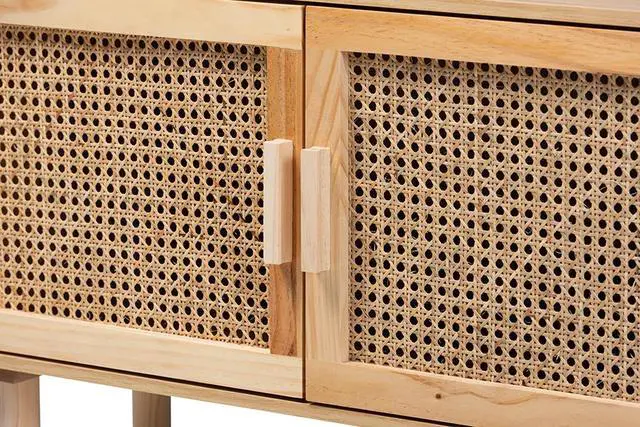 Alt view image 10 of 12 - Baxton Studio Faulkner Mid-Century Modern Natural Brown Finished Wood and Rattan 2-Door Bookcase