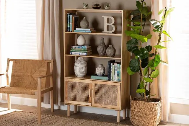 Alt view image 12 of 12 - Baxton Studio Faulkner Mid-Century Modern Natural Brown Finished Wood and Rattan 2-Door Bookcase