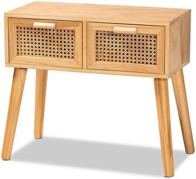 Alt view image 3 of 10 - Baxton Studio Falan Mid-Century Modern Oak Brown Finished Wood 2-Drawer Console Table with Rattan