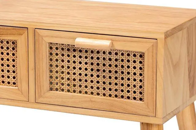 Alt view image 7 of 10 - Baxton Studio Falan Mid-Century Modern Oak Brown Finished Wood 2-Drawer Console Table with Rattan