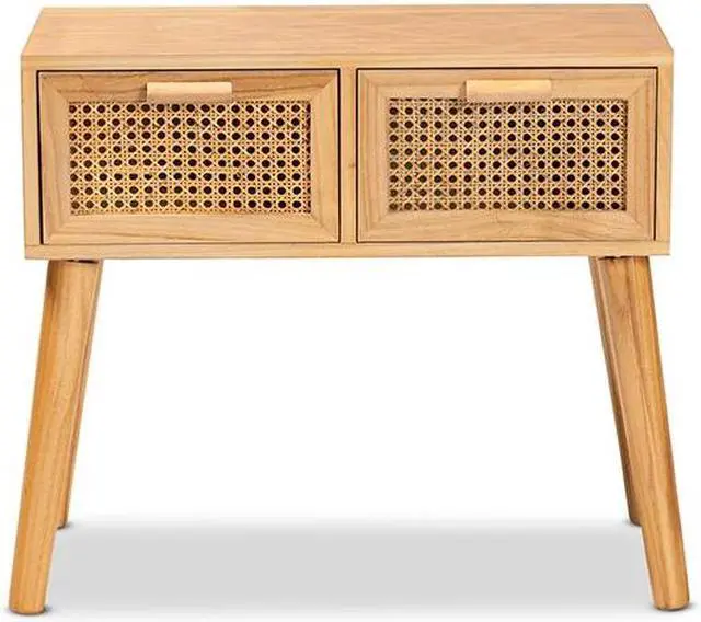 Alt view image 5 of 10 - Baxton Studio Falan Mid-Century Modern Oak Brown Finished Wood 2-Drawer Console Table with Rattan