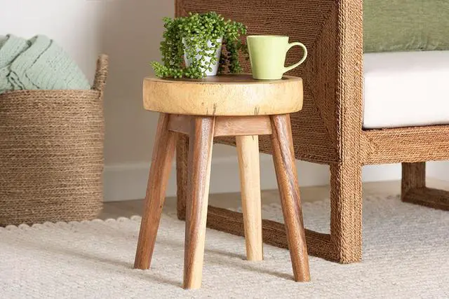 Alt view image 6 of 6 - bali & pari Jia Suar Wood End Table - Handcrafted Side Table with Live Edge Round Top and Tapered Legs, Rustic Boho Accent Furniture for Living Room, Bedroom, or Patio