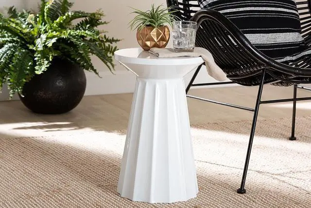 Alt view image 6 of 6 - Baxton Studio Ulmer Metal Scalloped Side Table  Modern Round Accent Table for Indoor or Semi-Outdoor Use, White