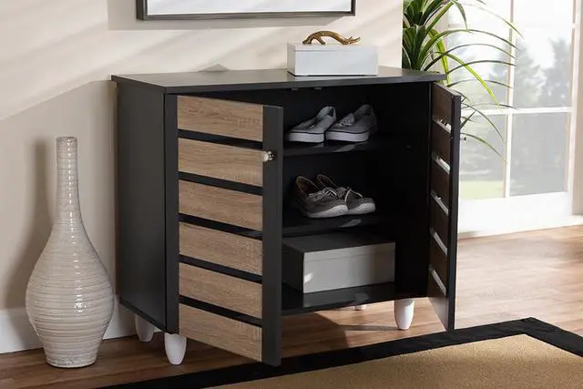 Alt view image 7 of 14 - Baxton Studio Gisela Modern and Contemporary Two-Tone Oak and Dark Gray 2-Door Shoe Storage Cabinet
