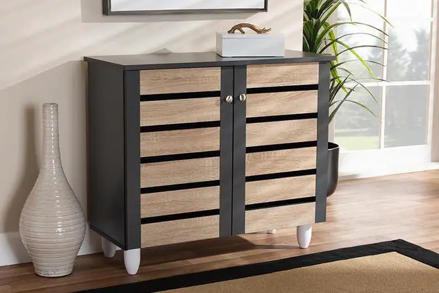 Alt view image 6 of 14 - Baxton Studio Gisela Modern and Contemporary Two-Tone Oak and Dark Gray 2-Door Shoe Storage Cabinet
