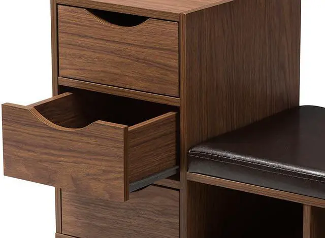 Alt view image 4 of 20 - Baxton Studio Arielle Modern and Contemporary Walnut Brown Wood 3-Drawer Shoe Storage Padded Leatherette Seating Bench with Two Open Shelves