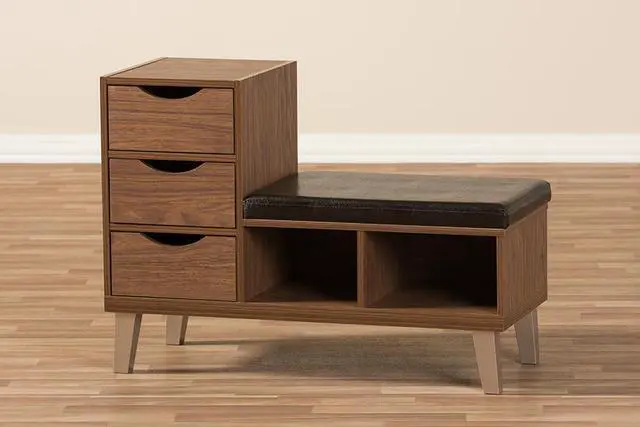 Alt view image 7 of 20 - Baxton Studio Arielle Modern and Contemporary Walnut Brown Wood 3-Drawer Shoe Storage Padded Leatherette Seating Bench with Two Open Shelves