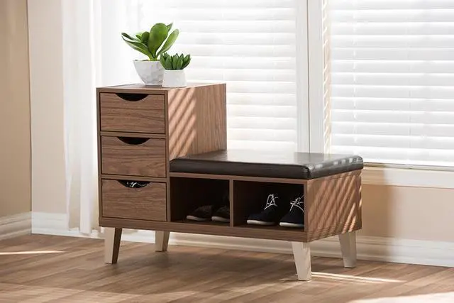 Alt view image 5 of 20 - Baxton Studio Arielle Modern and Contemporary Walnut Brown Wood 3-Drawer Shoe Storage Padded Leatherette Seating Bench with Two Open Shelves
