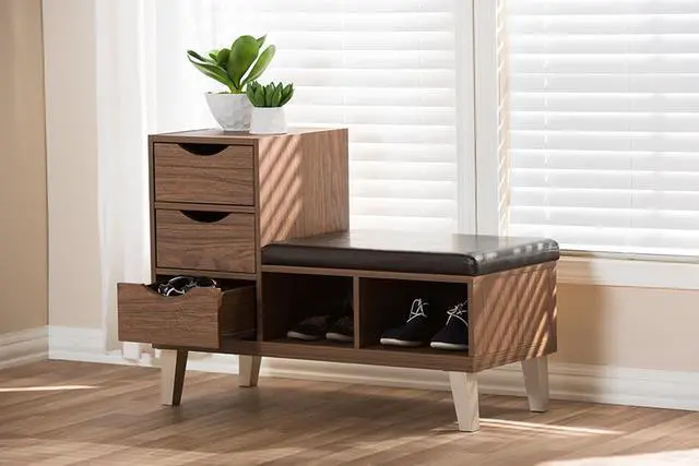 Alt view image 6 of 20 - Baxton Studio Arielle Modern and Contemporary Walnut Brown Wood 3-Drawer Shoe Storage Padded Leatherette Seating Bench with Two Open Shelves