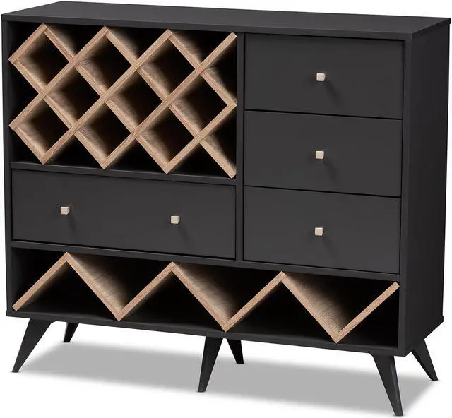 Alt view image 2 of 20 - Baxton Studio Savino Mid-Century Modern Dark Grey and Oak Finished Wood Wine Cabinet