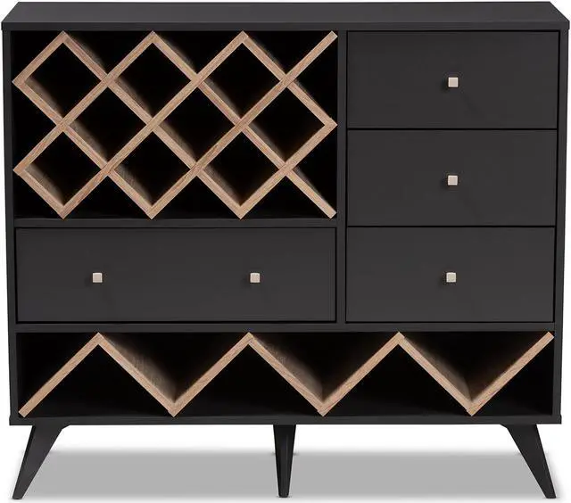 Alt view image 4 of 20 - Baxton Studio Savino Mid-Century Modern Dark Grey and Oak Finished Wood Wine Cabinet