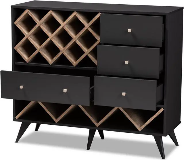 Alt view image 3 of 20 - Baxton Studio Savino Mid-Century Modern Dark Grey and Oak Finished Wood Wine Cabinet