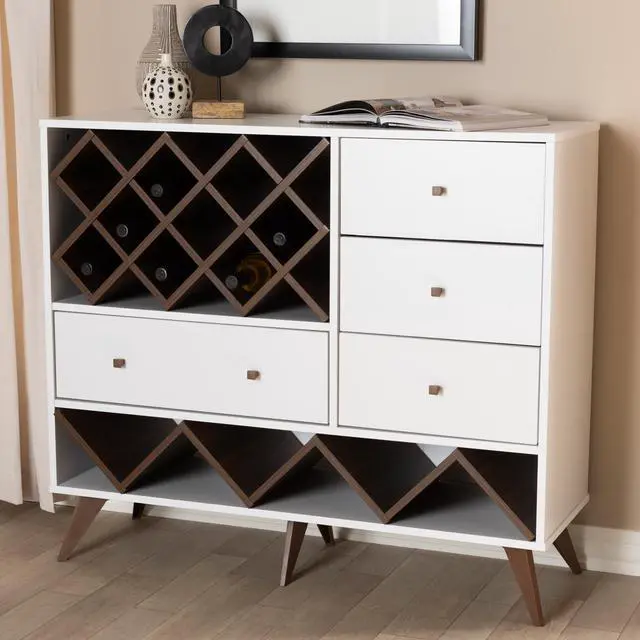 Main image of Baxton Studio Savino Mid-Century Modern White and Walnut Finished Wood Wine Cabinet