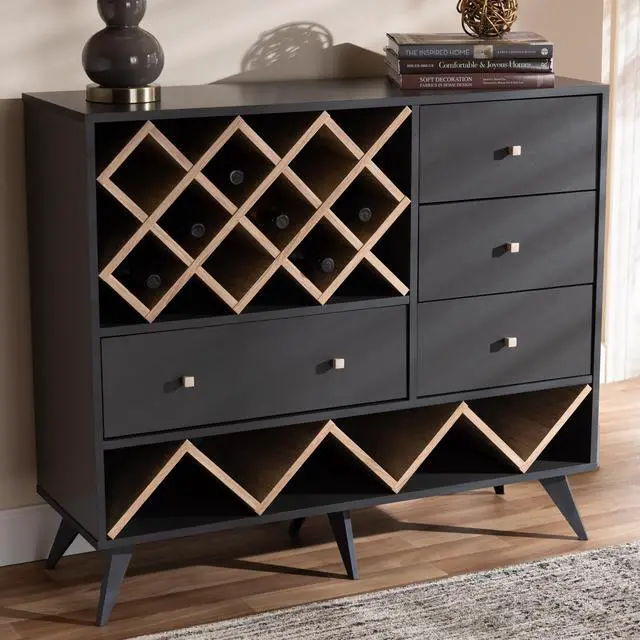Main image of Baxton Studio Savino Mid-Century Modern Dark Grey and Oak Finished Wood Wine Cabinet