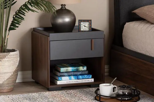 Alt view image 13 of 20 - Baxton Studio Rikke Modern and Contemporary Two-Tone Gray and Walnut Finished Wood 1-Drawer Nightstand