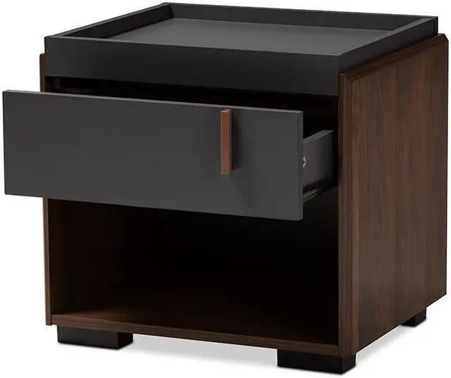 Alt view image 9 of 20 - Baxton Studio Rikke Modern and Contemporary Two-Tone Gray and Walnut Finished Wood 1-Drawer Nightstand