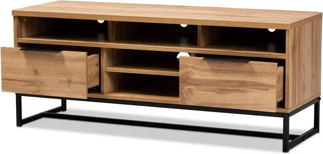 Alt view image 3 of 18 - Baxton Studio Reid Modern and Contemporary Industrial Oak Finished Wood and Black Metal 2-Drawer TV Stand