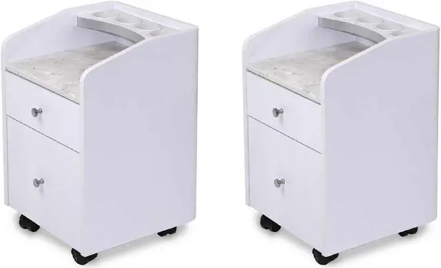 Main image of Set of 2 MAYAKOBA Sonoma Rolling Pedicure Trolley Manicure Storage Cart for Pedicure Spa, Nail Salon Furniture & Equipment, Marble Top, Luxe White/Silver Accents