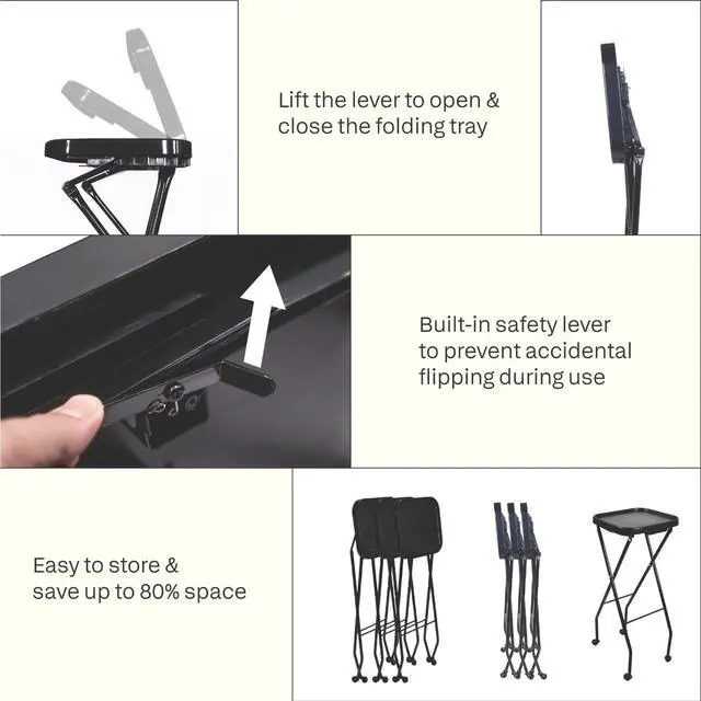 Alt view image 4 of 7 - CALEB Fold-A-Way Salon Service Tray BLACK Rolling Service Tray for Barber Shop, Salon Furniture & Equipment