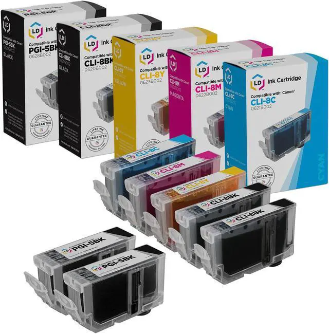 Main image of LD © Canon Compatible CLI8 & PGI5 Set of 7 Standard Yield Ink Cartridges Includes: 2 Pigment Black 0628B002, 2 Black 0620B002, 1 Cyan 0621B002, 1 Magenta 0622B002, and 1 Yellow 0623B002