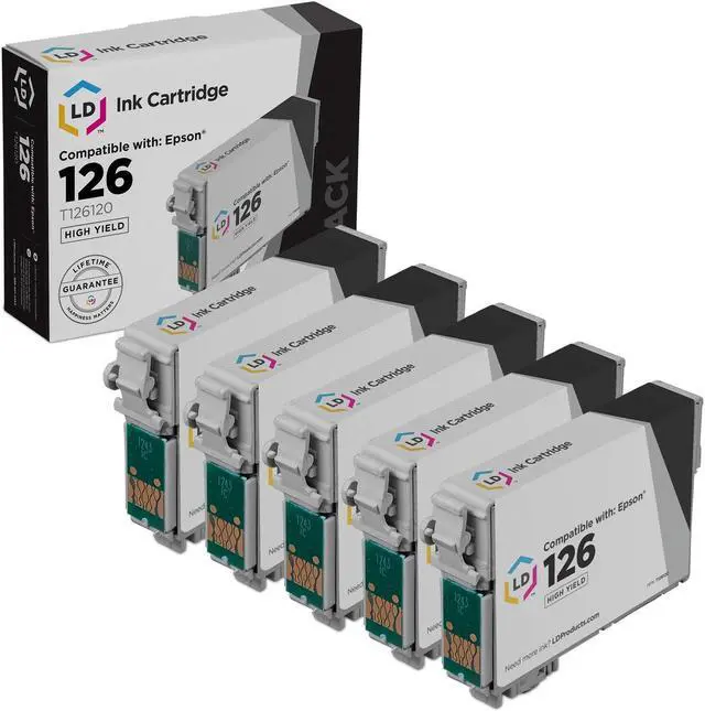 Main image of LD Products Replacement for Epson 126 Ink Cartridges T126120 T126 High Yield (Black, 5-Pack) for use in Workforce 435 520 635 645 WF-3520 WF-3530 WF-3540 WF-7010 WF-7510