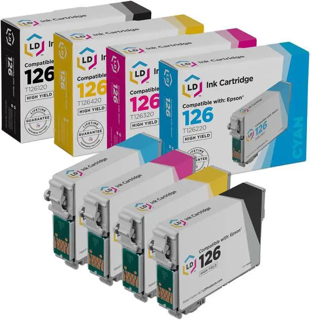 Main image of LD Products Replacement for Epson 126 Ink Cartridges T126 High Yield (1 Black, 1 Cyan, 1 Magenta, 1 Yellow, 4-Pack)