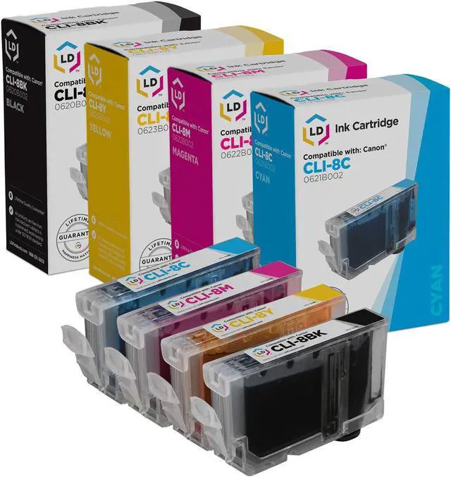 Main image of LD Compatible Ink Cartridge Replacement for Canon CLI8 (Black, Cyan, Magenta, Yellow, 4-Pack) Compatible with iP3300 iP3500 iP4200 iP4300 iP4500 iP5200 iP5200R iP6600D iP6700D