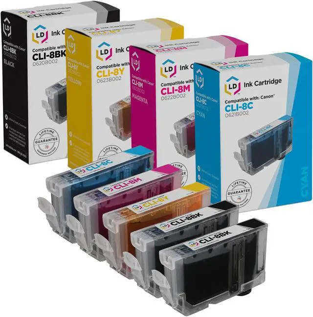 Main image of LD Compatible Ink Cartridge Replacement for Canon CLI8 (2 Black, 1 Cyan, 1 Magenta, 1 Yellow, 5-Pack) Compatible with iP3300 iP3500 iP4200 iP4300 iP4500 iP5200 iP5200R iP6600D iP6700D