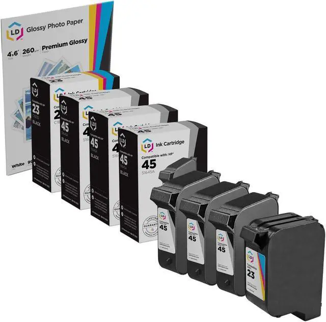 Main image of LD Products Replacement for HP 45 Black 51645A & HP 23 C1823D Color Ink Cartridges (3 Black, 1 Tri-Color, 4-Pack)