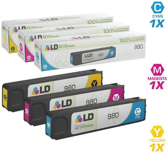 Main image of LD Remanufactured Replacement for Hewlett Packard 980 Set of 3 Ink Cartridges Includes: 1 Cyan D8J07A, 1 Magenta D8J08A, and 1 Yellow D8J09A