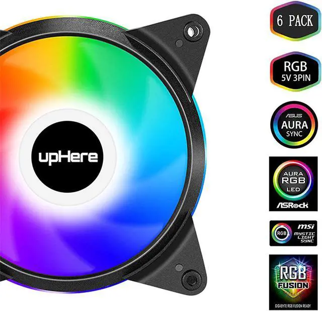 Alt view image 2 of 7 - upHere 5V 6-Pack 120mm Silent Intelligent Control 5V Addressable RGB Fan Motherboard Sync, Adjustable Colorful Fans with Controller T3SYC3-6