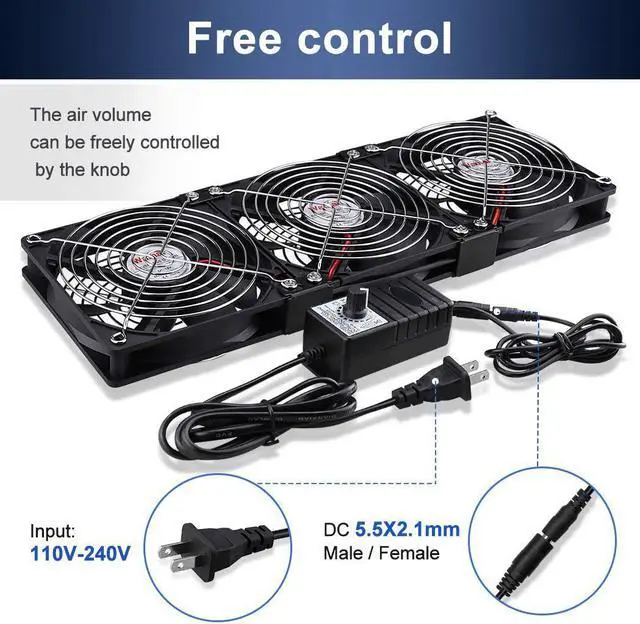 Alt view image 4 of 7 - Wathai Dual Ball 3 x 120mm DC 12V Big Airflow Fan with 110V - 240V AC Speed Controller for DIY Cabinet Chassis Machine Server Workstation Cooling