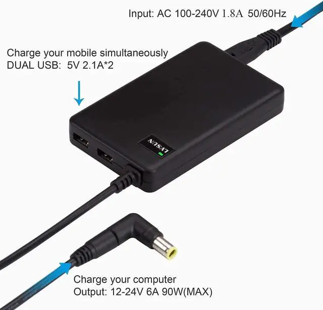 Alt view image 5 of 7 - LVSUN Universal Laptop Charger 90W 12-24V One for All - Slim AC Adapter Power Supply Cord with Dual USB Ports for Mobile/Tablet - Compatible with Lenovo HP Toshiba Samsung Acer Asus and Most Notebooks