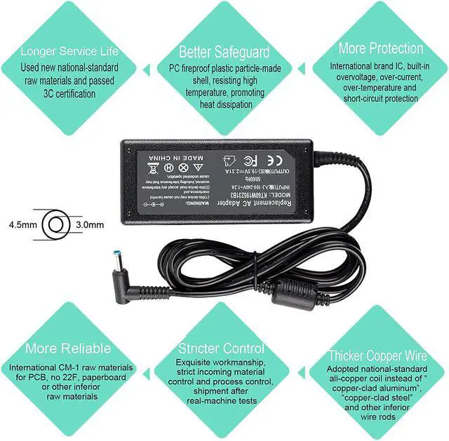 Alt view image 4 of 7 - 741727-001 740015-003 Laptop Charger for HP Pavilion X360 14m-cd0003dx 15-cs0xxx 15-bs0xx 17-by1xxx 17-ca0xxx 15-dw2xxx 15-BA 15-F Series Stream 11 13 14 TouchSmart Elitebook 840 Power Supply Cord