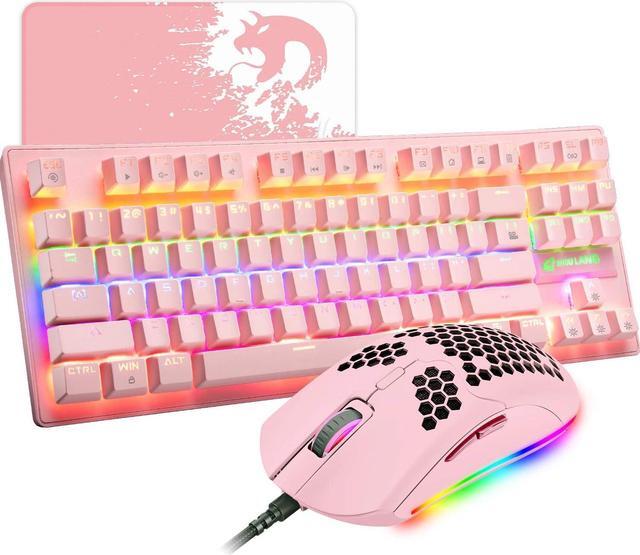 Main image of Pink Mechanical Gaming Keyboard Blue Switch Mini 87 Keys Wired Rainbow LED Backlit Keyboard Professional Lightweight Gaming Mouse Gaming Mice Pad for Gamers and Typists