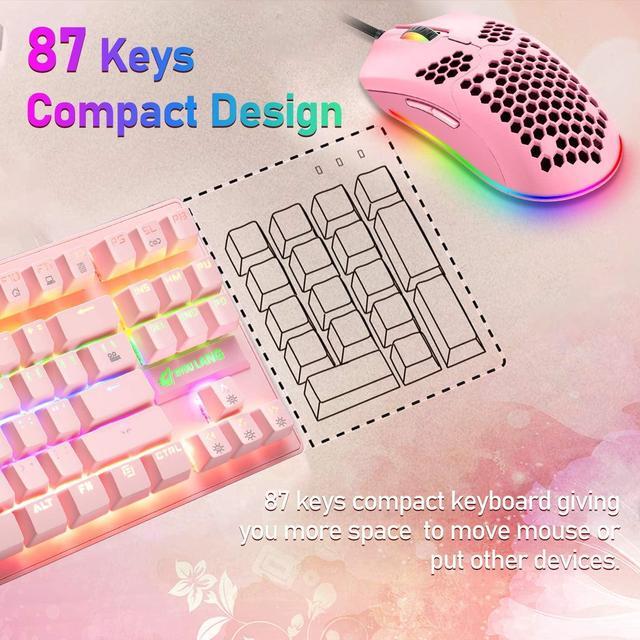 Alt view image 5 of 7 - Pink Mechanical Gaming Keyboard Blue Switch Mini 87 Keys Wired Rainbow LED Backlit Keyboard Professional Lightweight Gaming Mouse Gaming Mice Pad for Gamers and Typists