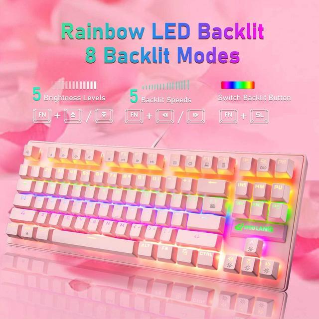 Alt view image 2 of 7 - Pink Mechanical Gaming Keyboard Blue Switch Mini 87 Keys Wired Rainbow LED Backlit Keyboard Professional Lightweight Gaming Mouse Gaming Mice Pad for Gamers and Typists