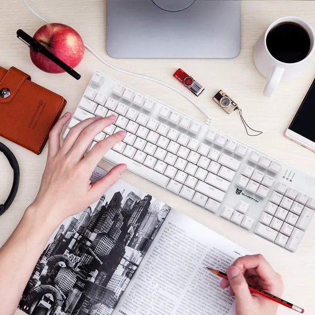 Alt view image 6 of 7 - Merdia Mechanical Keyboard Gaming Keyboard with Blue Switch Wired Ice Blue Backlit Keyboard Full Size 104 Keys US Layout(White)