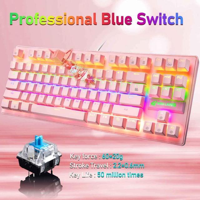 Alt view image 3 of 7 - Pink Mechanical Gaming Keyboard Blue Switch Mini 87 Keys Wired Rainbow LED Backlit Keyboard Professional Lightweight Gaming Mouse Gaming Mice Pad for Gamers and Typists