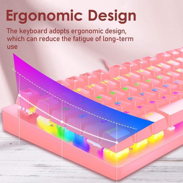 Alt view image 6 of 7 - Pink Mechanical Gaming Keyboard Blue Switch Mini 87 Keys Wired Rainbow LED Backlit Keyboard Professional Lightweight Gaming Mouse Gaming Mice Pad for Gamers and Typists