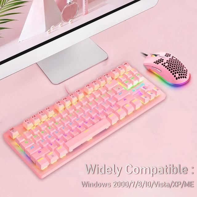 Alt view image 7 of 7 - Pink Mechanical Gaming Keyboard Blue Switch Mini 87 Keys Wired Rainbow LED Backlit Keyboard Professional Lightweight Gaming Mouse Gaming Mice Pad for Gamers and Typists