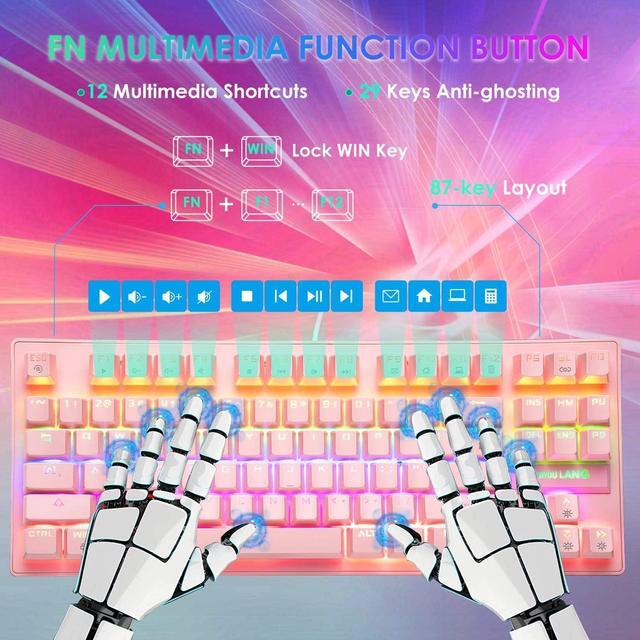 Alt view image 4 of 7 - Pink Mechanical Gaming Keyboard Blue Switch Mini 87 Keys Wired Rainbow LED Backlit Keyboard Professional Lightweight Gaming Mouse Gaming Mice Pad for Gamers and Typists