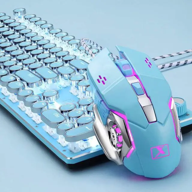 Alt view image 5 of 7 - Gaming Keyboard and Mouse,Retro Steampunk Vintage Typewriter-Style Mechanical Keyboard with White LED Backlit,104-Key Anti-Ghosting Blue Switch Wired USB Metal Panel Round Keycaps(Blue)