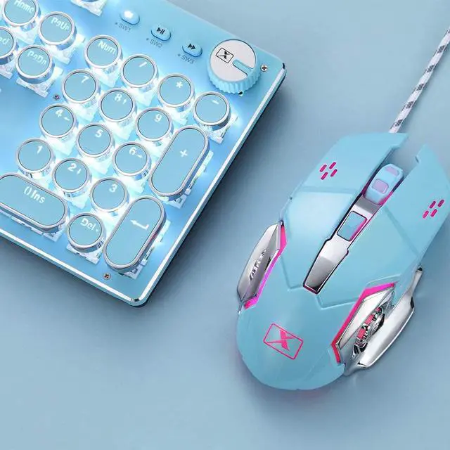 Alt view image 3 of 7 - Gaming Keyboard and Mouse,Retro Steampunk Vintage Typewriter-Style Mechanical Keyboard with White LED Backlit,104-Key Anti-Ghosting Blue Switch Wired USB Metal Panel Round Keycaps(Blue)