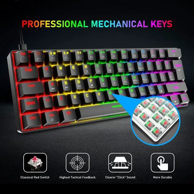 Alt view image 4 of 7 - 60% Wired Mechanical Gaming Keyboard and Mouse Combo,Ultra-Compact Mini 62 Keys,Type C Chroma 20 Rainbow Backlit Effects,RGB Backlit 6400 DPI Lightweight Gaming Mouse with Honeycomb Shell for PC/Mac