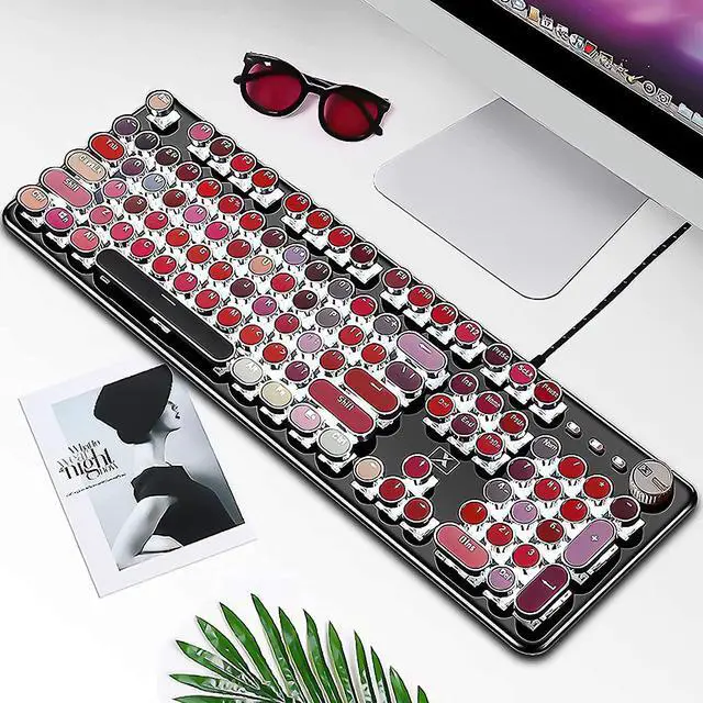 Alt view image 3 of 6 - Basaltech Typewriter Style with White LED Backlight,Vintage Mechanical Gaming Keyboards with Lipstick Round Keycaps, Blue Switches 104-Keys Wired Keyboard Metal Panel for Laptop/pc