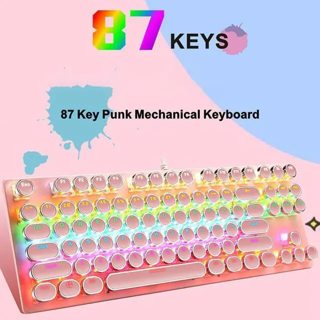 Alt view image 7 of 7 - Mechanical Gaming Pink Keyboard,87 Key Retro Punk Typewriter-Style,Blue Switch RGB Backlit Keyboard,Anti-Ghosting, USB Wired, for PC Laptop Desktop Computer, for Game and Office