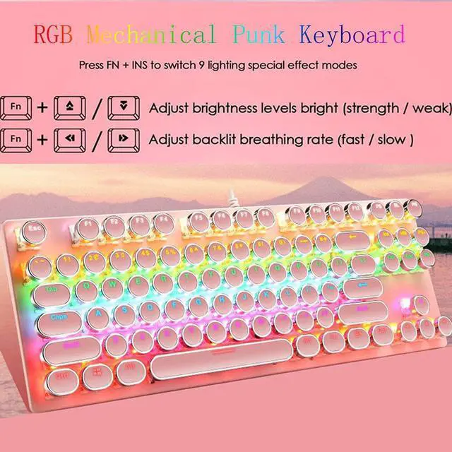 Alt view image 2 of 7 - Mechanical Gaming Pink Keyboard,87 Key Retro Punk Typewriter-Style,Blue Switch RGB Backlit Keyboard,Anti-Ghosting, USB Wired, for PC Laptop Desktop Computer, for Game and Office