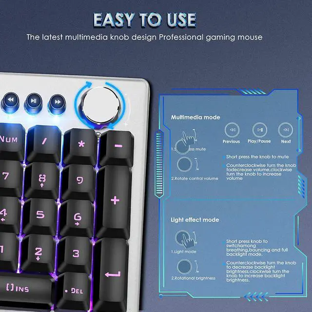 Alt view image 2 of 7 - Beastron RGB Backlit Gaming Keyboard with Mouse Combo and Mouse pad, Multimedia Keyboard Knob,Mechanical Feel USB Wired Keyboard for Windows PC