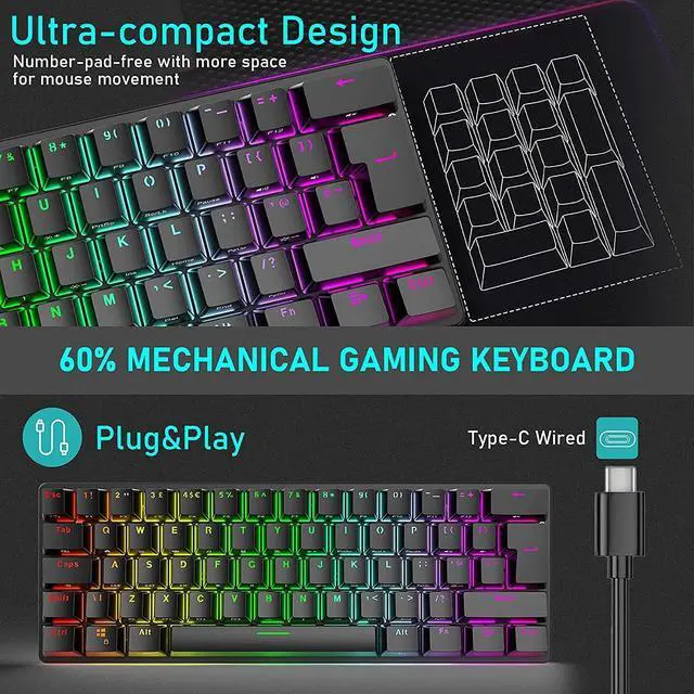 Alt view image 4 of 7 - Wired Gaming Keyboard Mouse Combo Chroma RGB Backlit Mechanical Keyboard with 61 keys Anti-ghosting Floating Keycaps Metal Plate Type-C RGB Gaming Mouse 6400 DPI for PC Gamers (Black/Blue switch)